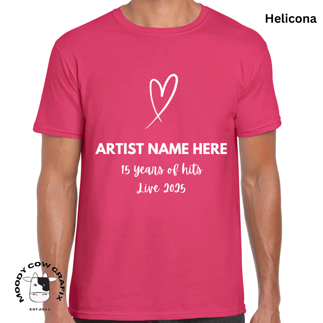 Custom Design -Unisex T-Shirt (Reds, Pinks, Yellow and Purple Colours) - 15 Years of Hits Live 2025