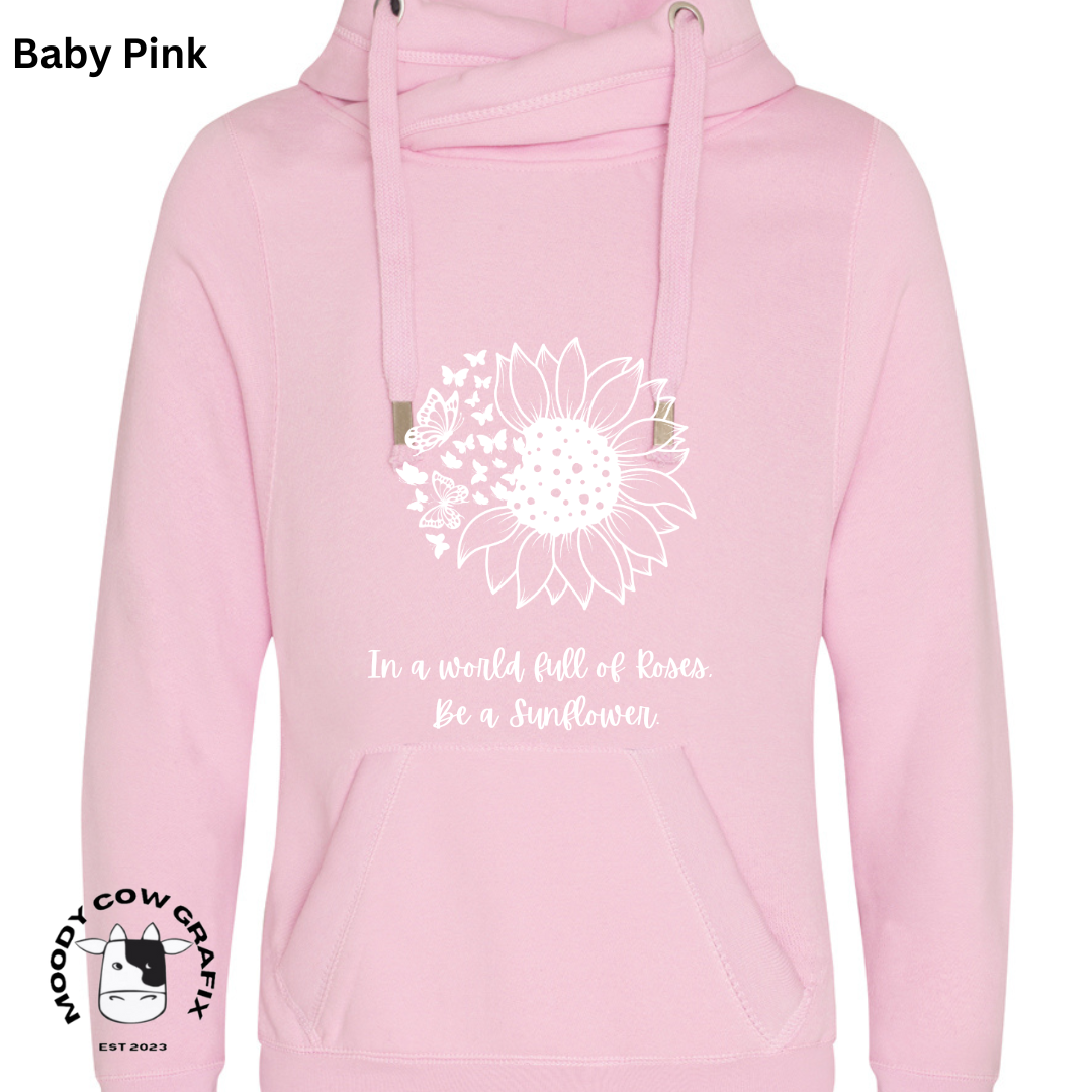 Sunflower and Butterfly Cross Neck Hibernate Style Hoodie 'In a world full of Roses, Be a Sunflower'