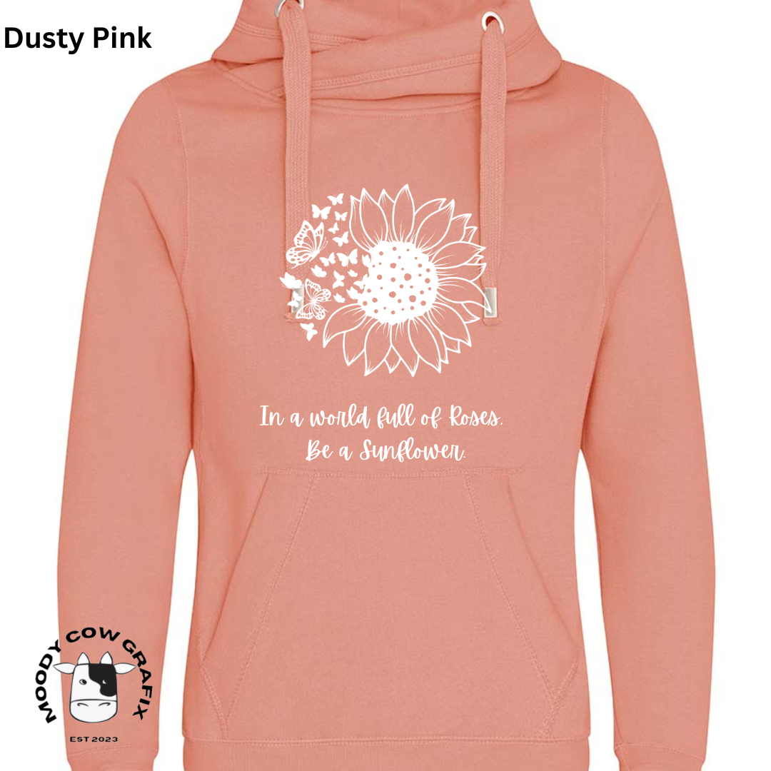 Sunflower and Butterfly Cross Neck Hibernate Style Hoodie 'In a world full of Roses, Be a Sunflower'