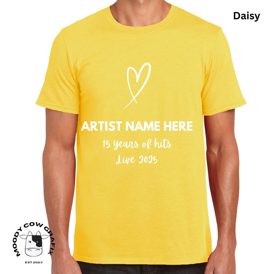 Custom Design -Unisex T-Shirt (Reds, Pinks, Yellow and Purple Colours) - 15 Years of Hits Live 2025