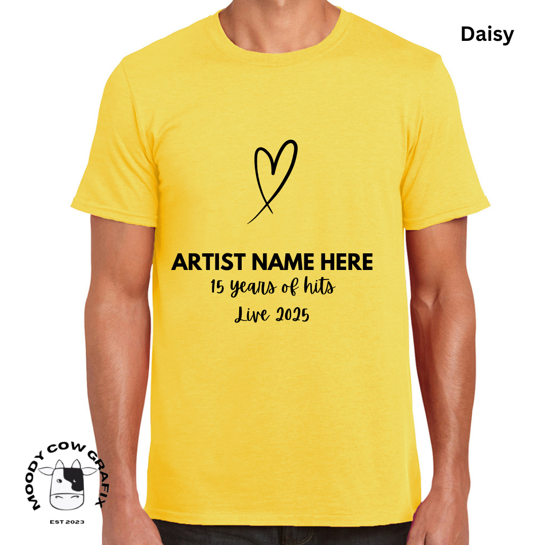 Custom Design -Unisex T-Shirt (Reds, Pinks, Yellow and Purple Colours) - 15 Years of Hits Live 2025