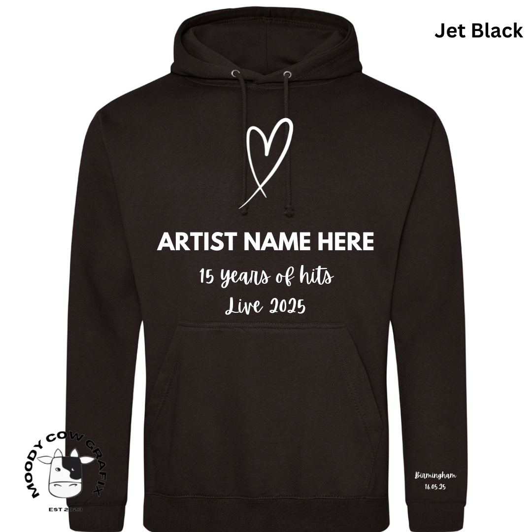 Custom Design Hoodie - 15 Years of Hits Live 2025 - Black, White, Natural Colours.