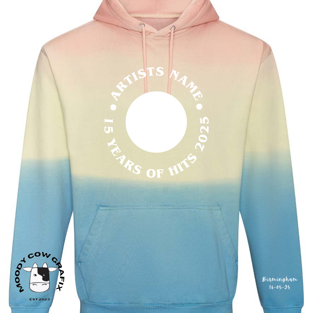 Custom Design -  Tie Dye Hoodie - 15 Years of Hits Live 2025 - Curved Design