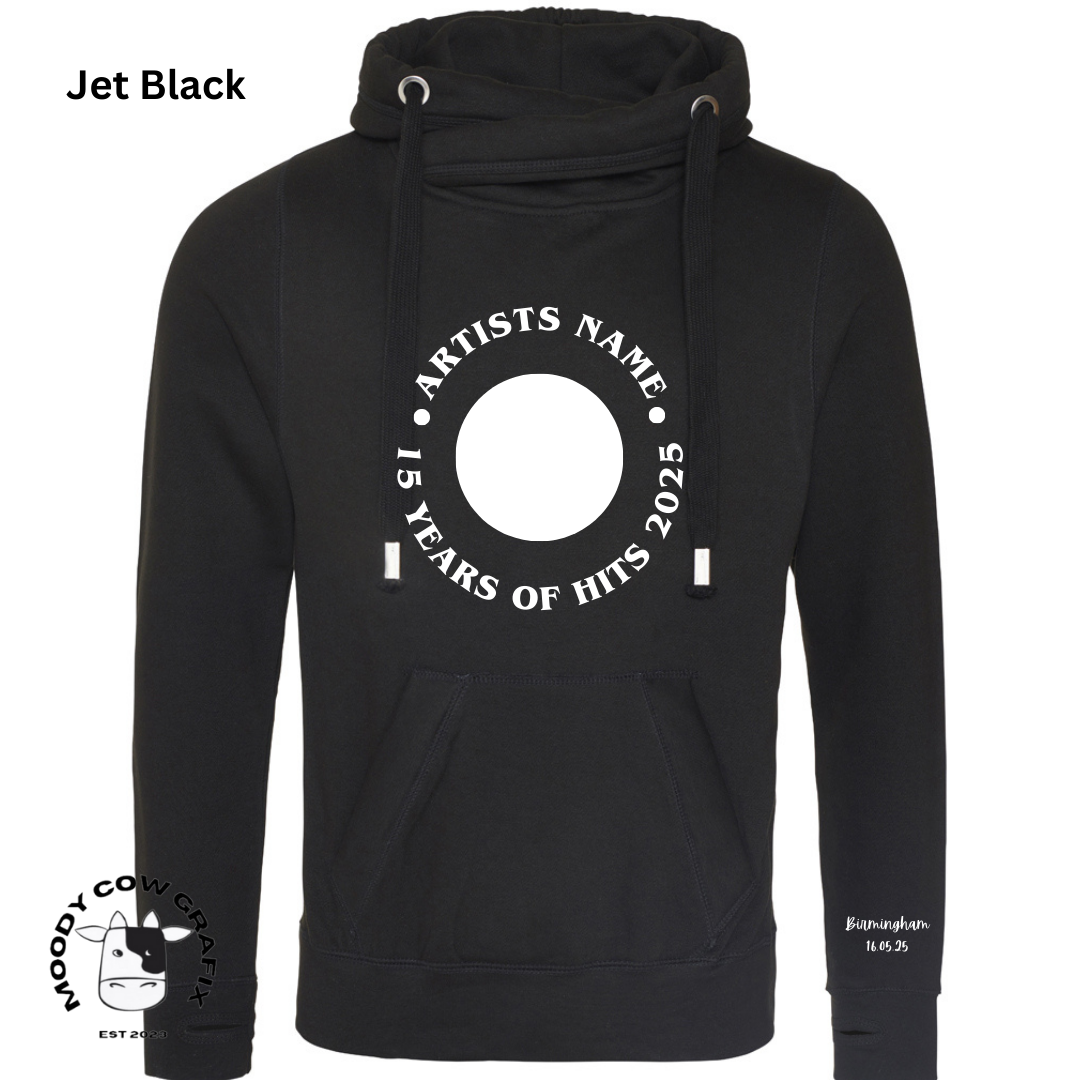 Custom Design - Cross Neck Hibernate Style Hoodie - 15 Years of Hits Live 2025 - Curved Design