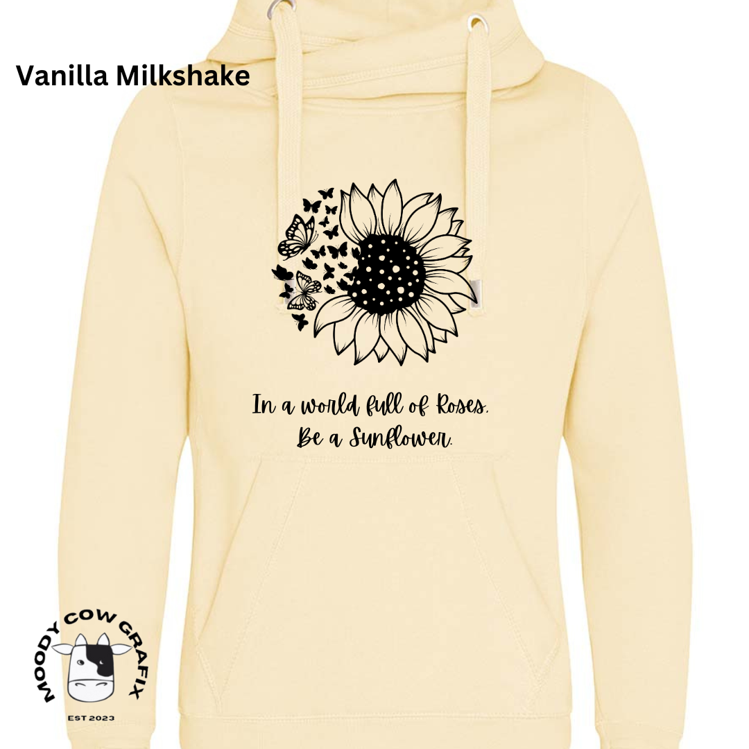 Sunflower and Butterfly Cross Neck Hibernate Style Hoodie 'In a world full of Roses, Be a Sunflower'