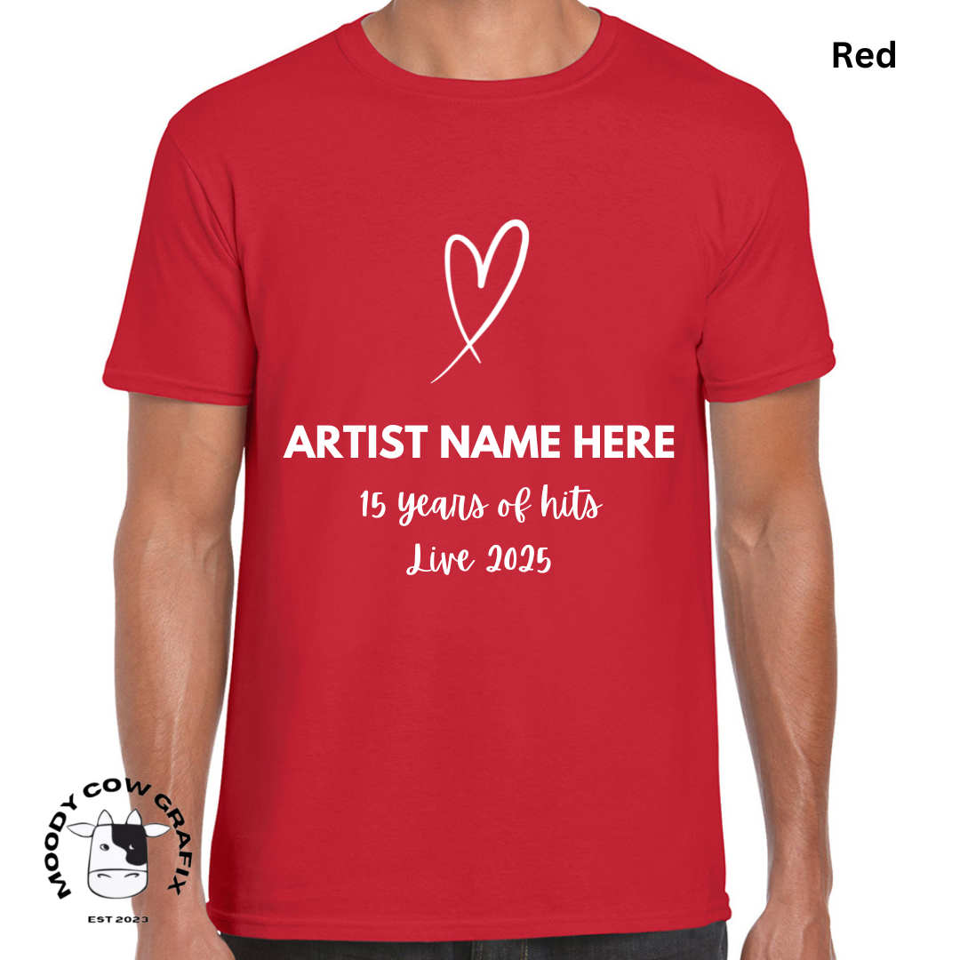 Custom Design -Unisex T-Shirt (Reds, Pinks, Yellow and Purple Colours) - 15 Years of Hits Live 2025