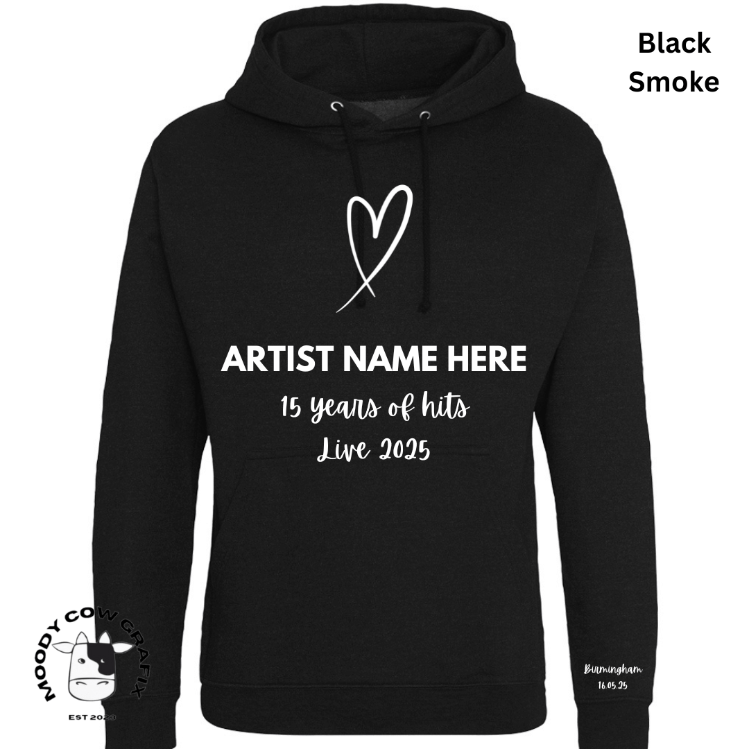 Custom Design Hoodie - 15 Years of Hits Live 2025 - Black, White, Natural Colours.