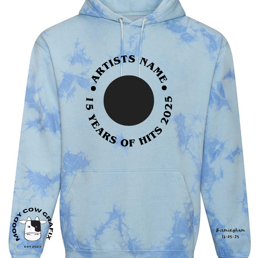 Custom Design -  Tie Dye Hoodie - 15 Years of Hits Live 2025 - Curved Design