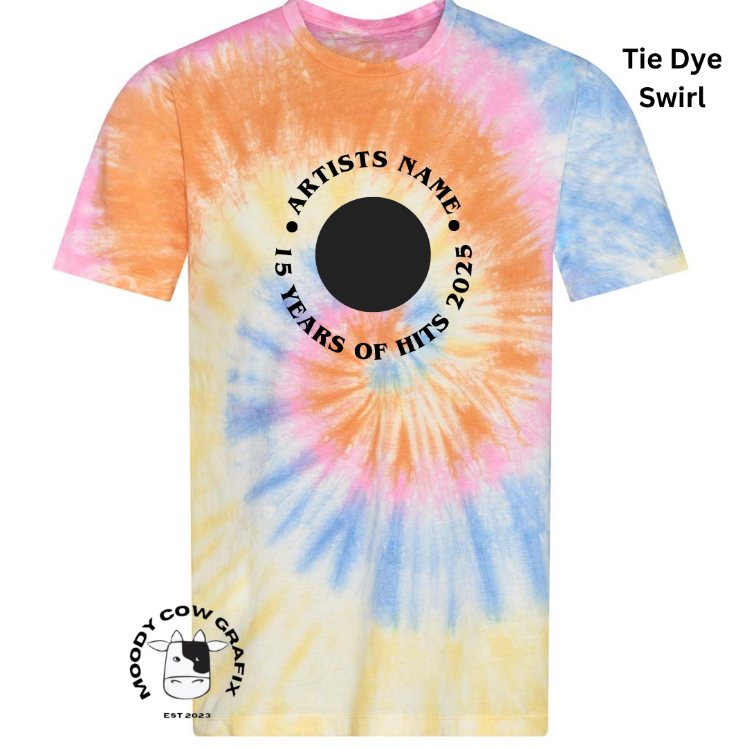 Custom Design Tie Dye T-Shirt - 15 Years of Hits Live 2025 - Curved Design