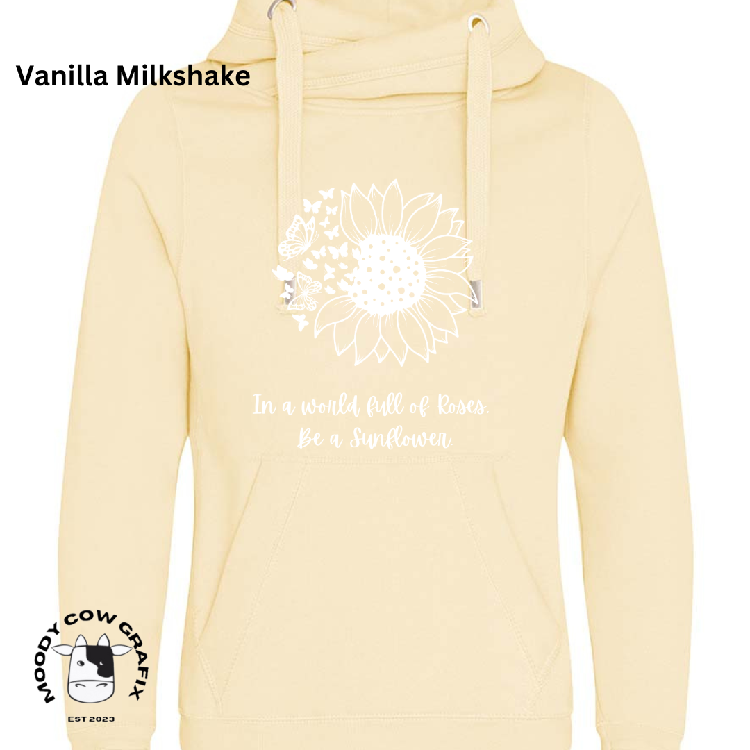 Sunflower and Butterfly Cross Neck Hibernate Style Hoodie 'In a world full of Roses, Be a Sunflower'