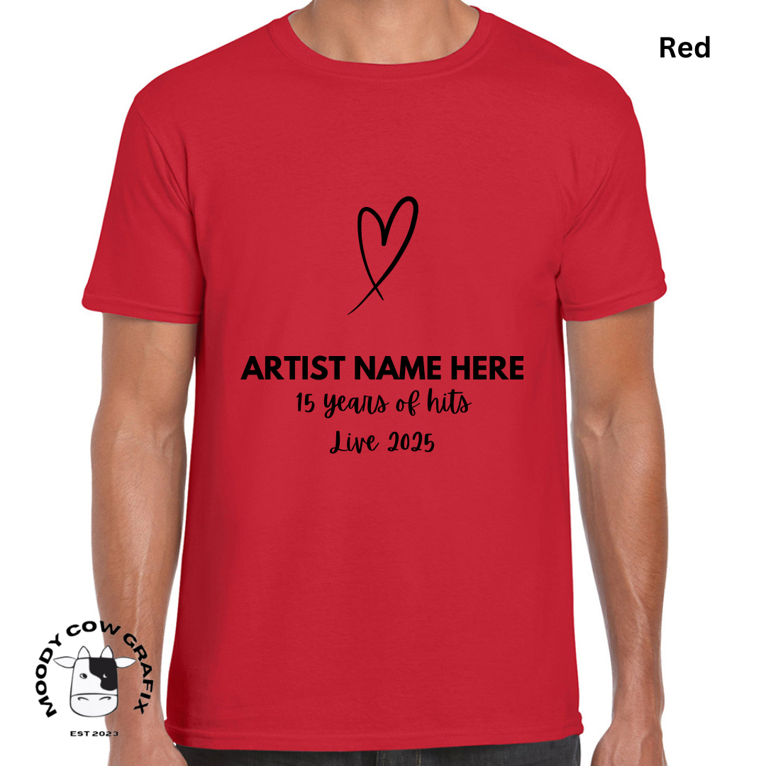 Custom Design -Unisex T-Shirt (Reds, Pinks, Yellow and Purple Colours) - 15 Years of Hits Live 2025