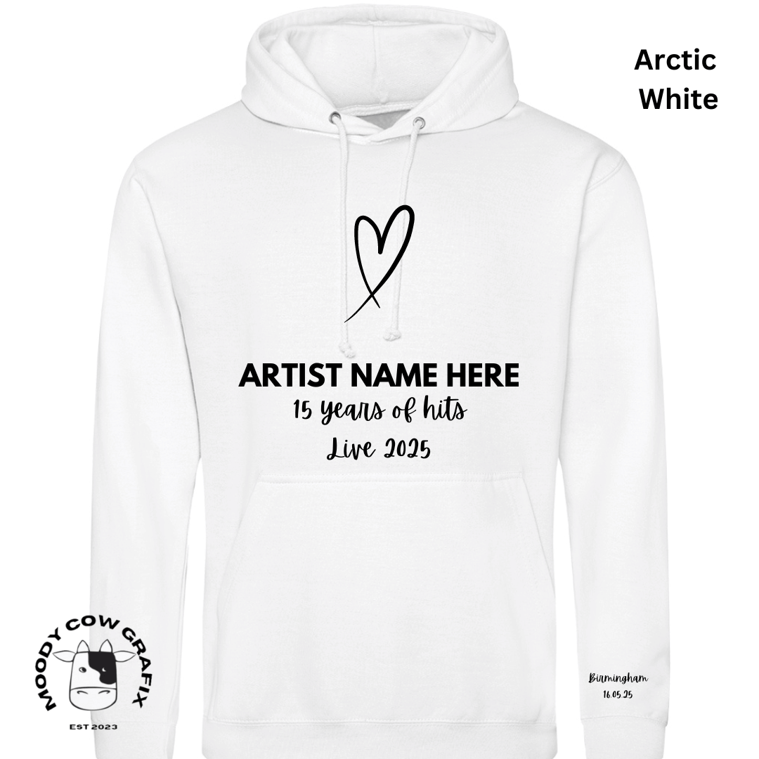 Custom Design Hoodie - 15 Years of Hits Live 2025 - Black, White, Natural Colours.