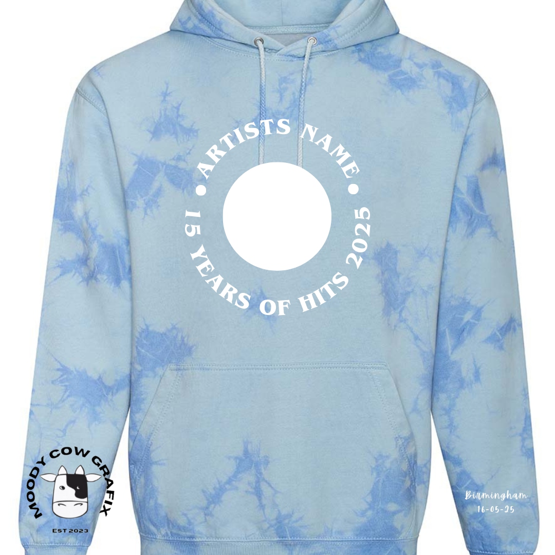 Custom Design -  Tie Dye Hoodie - 15 Years of Hits Live 2025 - Curved Design