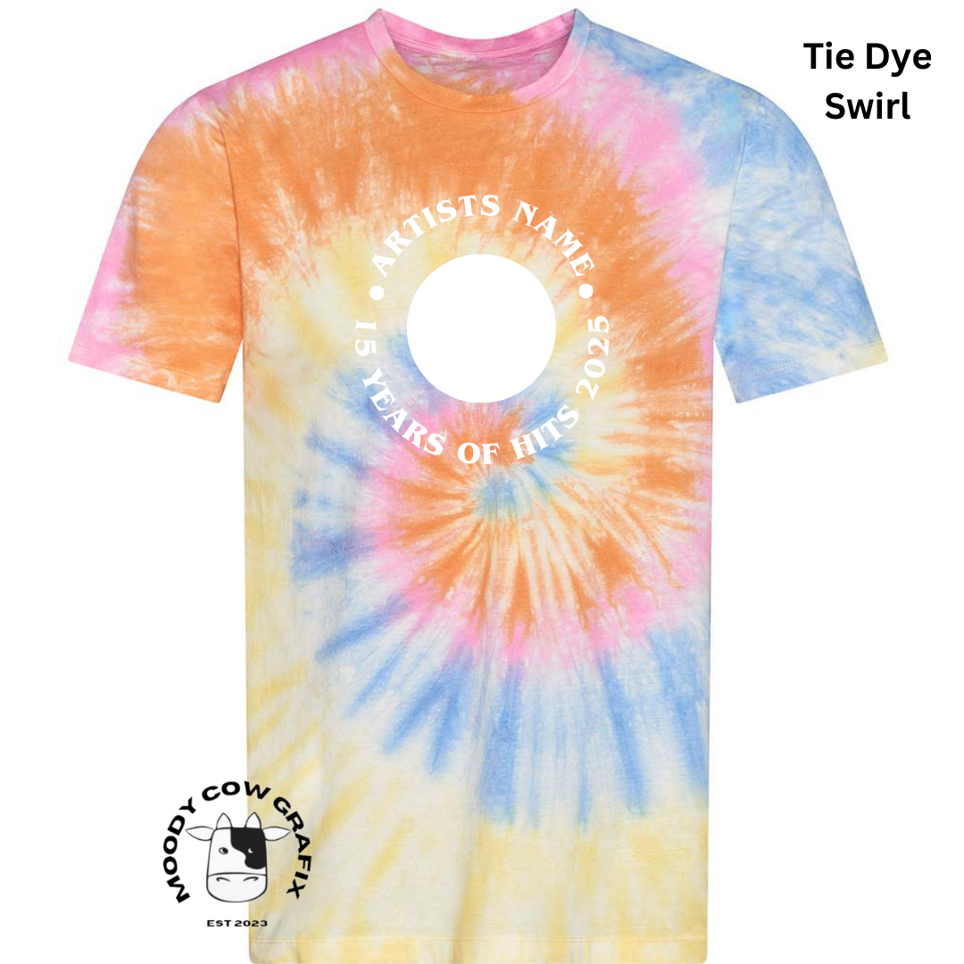 Custom Design Tie Dye T-Shirt - 15 Years of Hits Live 2025 - Curved Design