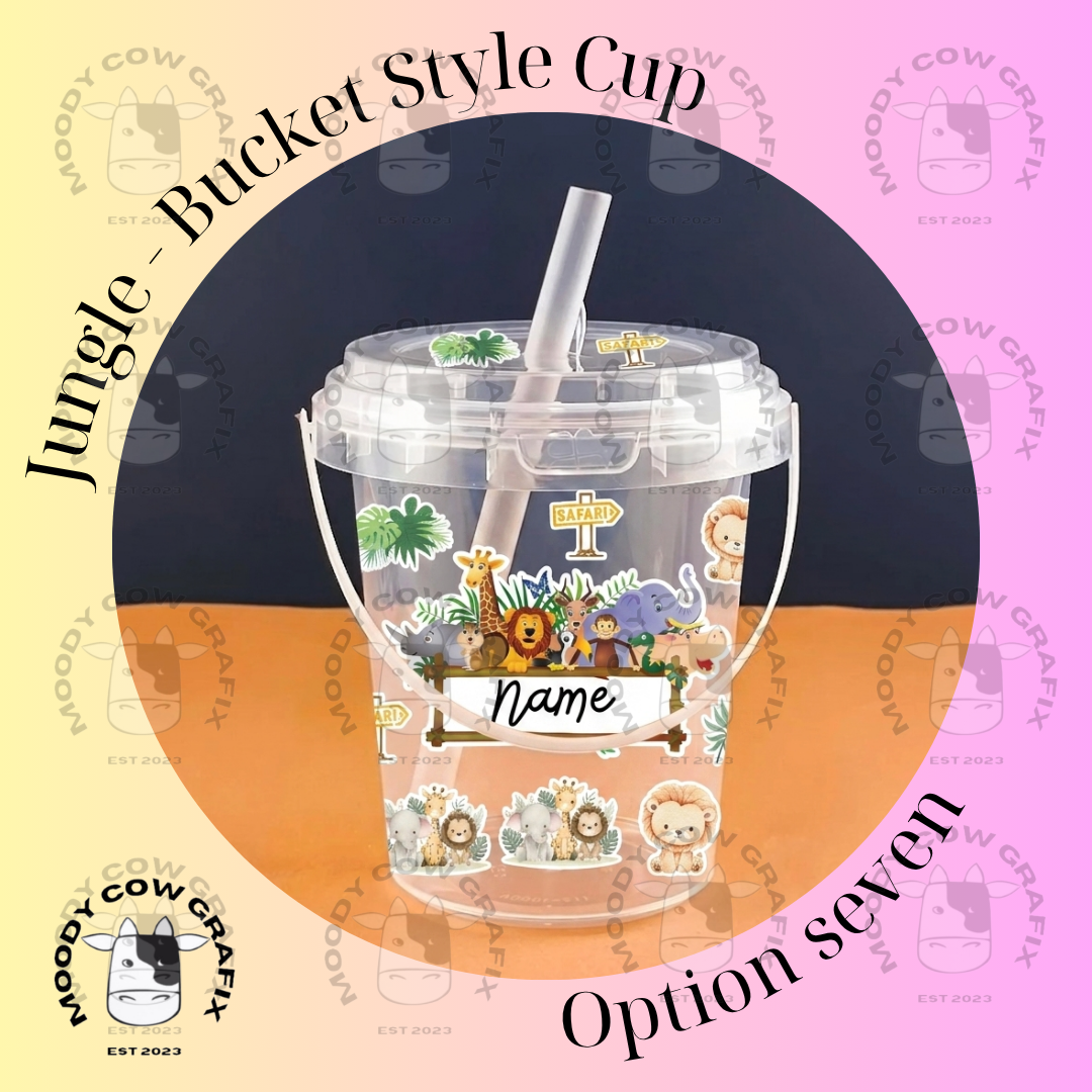 Personalised Kids DIY Sticker Bucket Cup with Handle, Lid & Straw.