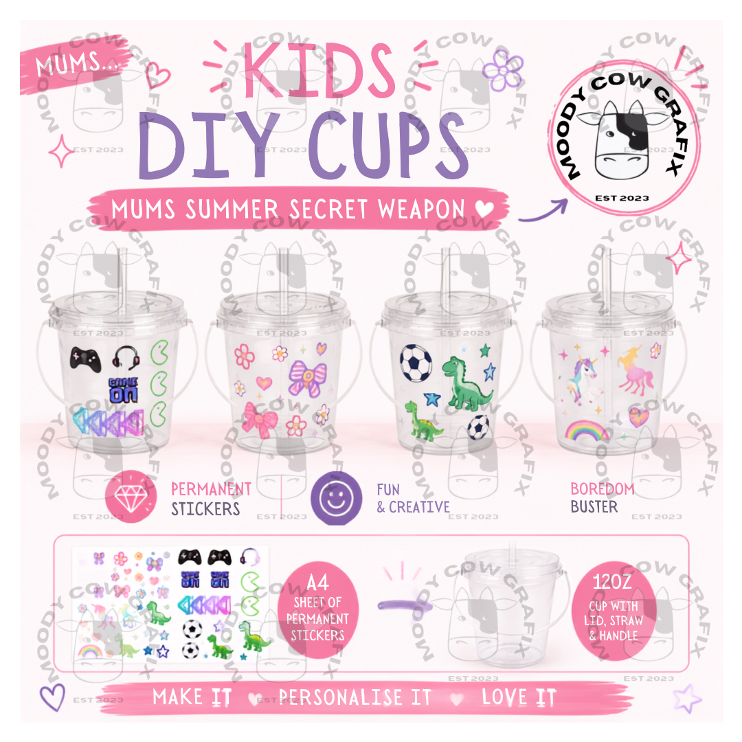 Personalised Kids DIY Sticker Bucket Cup with Handle, Lid & Straw.