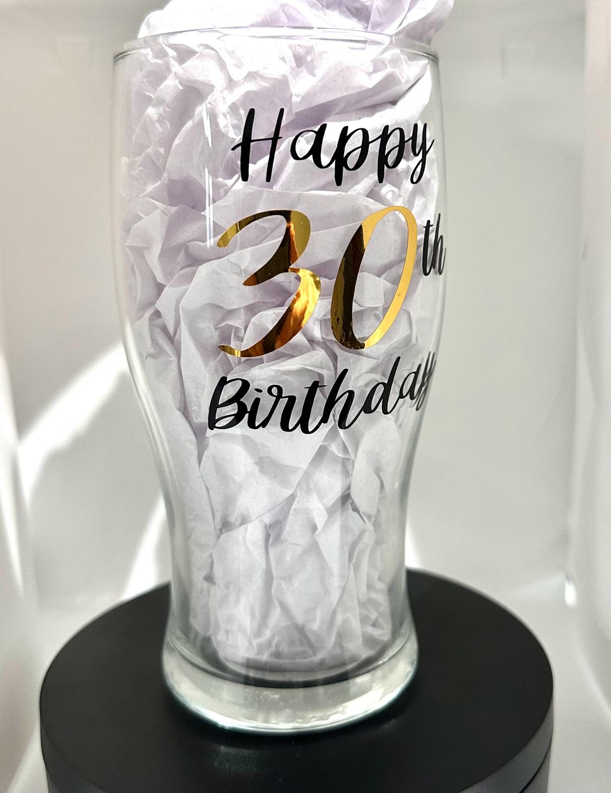 Personalised Birthday pint glass glass - 18th, 21st, 30th, 40th etc. Any age available -  perfect gifts for birthdays.