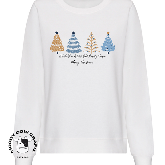 Winter Trees Blue and Gold Christmas Tree Sweatshirt.